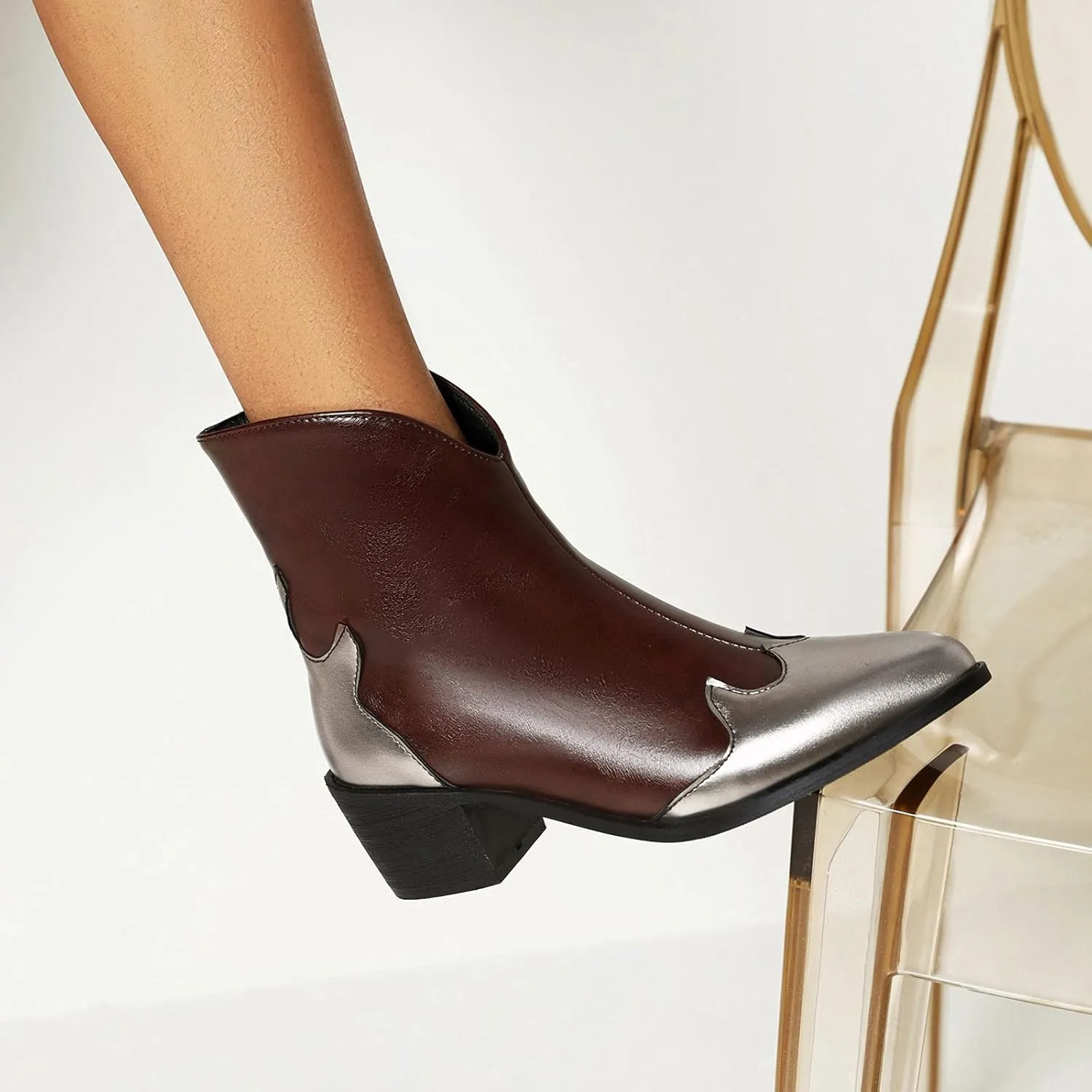 Womens Pointed Toe Ankle Boots Chunky Heel Fashion Color Block Side Zipper Square Heel Slip-on Booties 2021 Trendy All-match High Heels Shoes