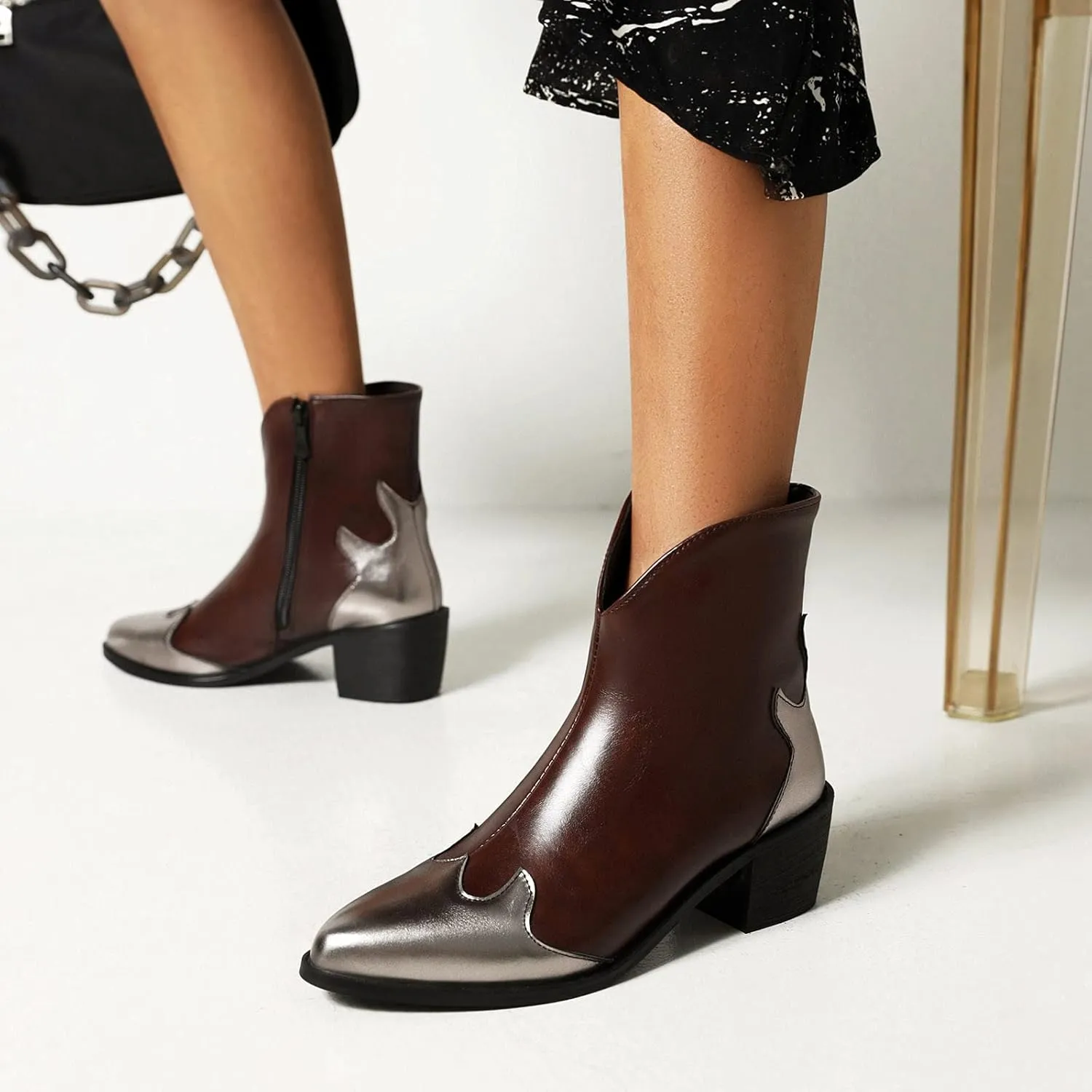 Womens Pointed Toe Ankle Boots Chunky Heel Fashion Color Block Side Zipper Square Heel Slip-on Booties 2021 Trendy All-match High Heels Shoes