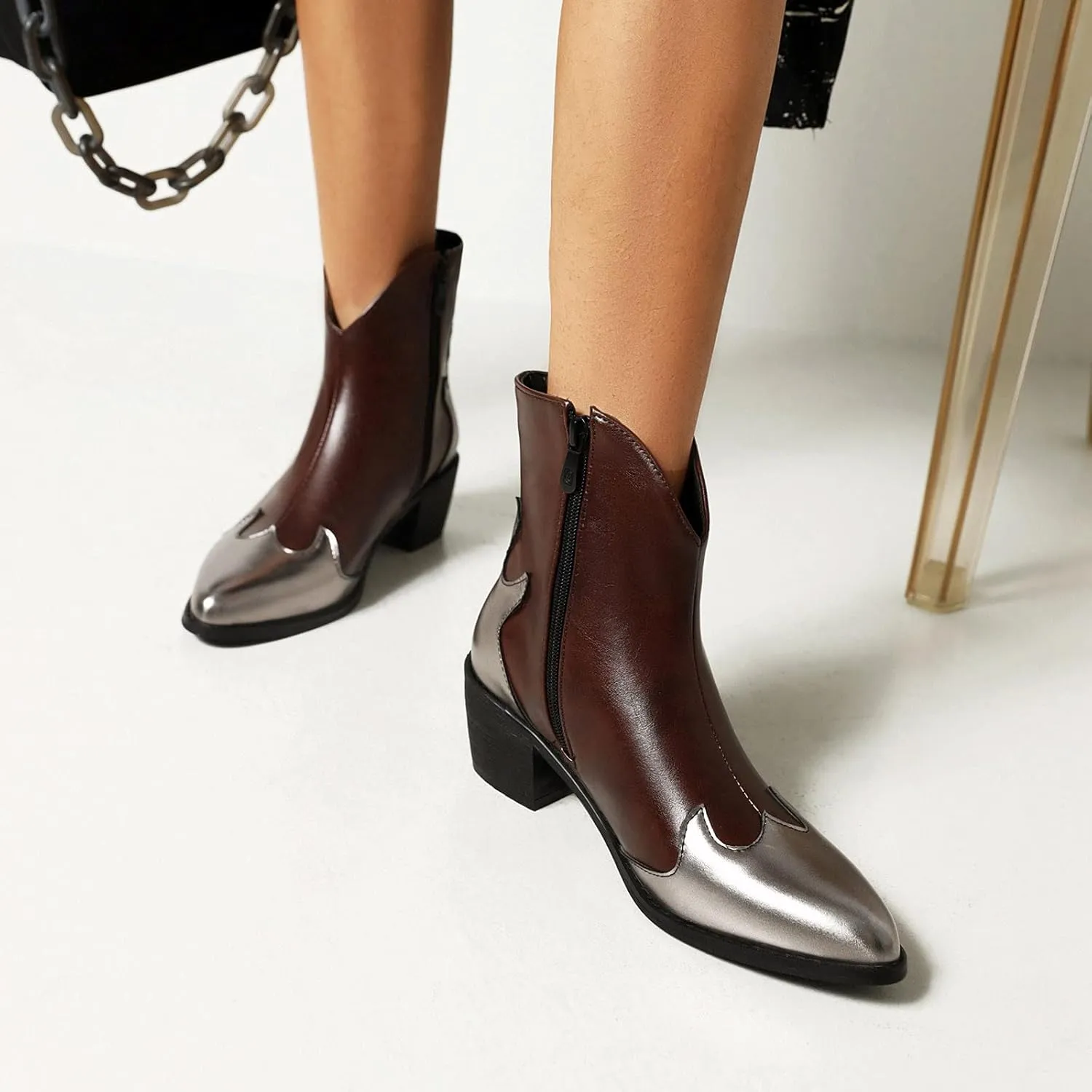Womens Pointed Toe Ankle Boots Chunky Heel Fashion Color Block Side Zipper Square Heel Slip-on Booties 2021 Trendy All-match High Heels Shoes
